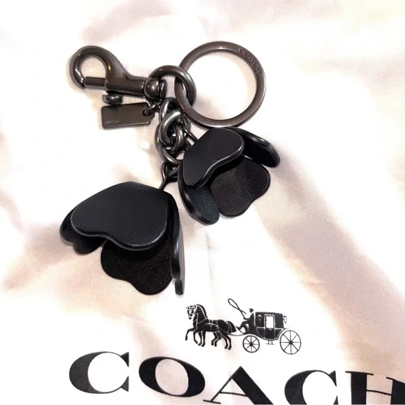 Coach Black Leather Floral Tea Rose Keychain Bag Charm - Picture 1 of 11